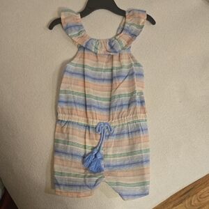 Mud Pie Pastel Striped Girls Romper in Blue, Peach & Green